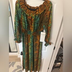 Ashro Green and Orange Long Sleeve Dress